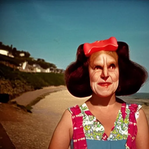 Image similar to middle aged woman with an inflatable head on top of her head, wearing a dress, at the seaside, 1976 French film, archival footage, technicolor film expired film live-action, 16mm