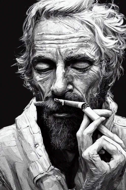 Image similar to hyperdetailed portrait of a man smoking a cigarette, by nicholas delort, artstation, smooth, graphic black and white. intricate, elegant, central composition, golden ratio,