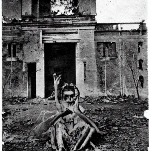 Image similar to 1860 photo of an ancient daemon-girl devouring his own soul on an abandoned hospital, spooky