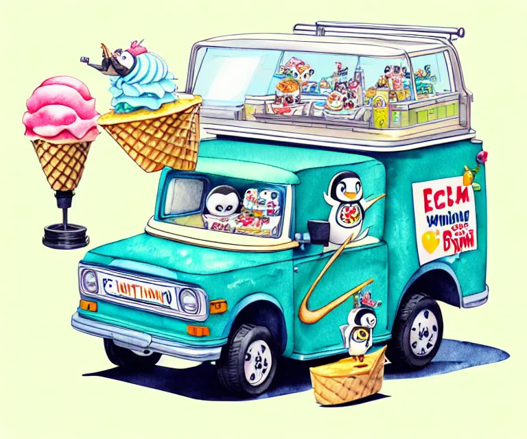 Image similar to cute and funny, penguin riding in a tiny ice cream truck with an oversized engine, ratfink style by ed roth, centered award winning watercolor pen illustration, isometric illustration by chihiro iwasaki, edited by range murata, tiny details by artgerm and watercolor girl, symmetrically isometrically centered, sharply focused