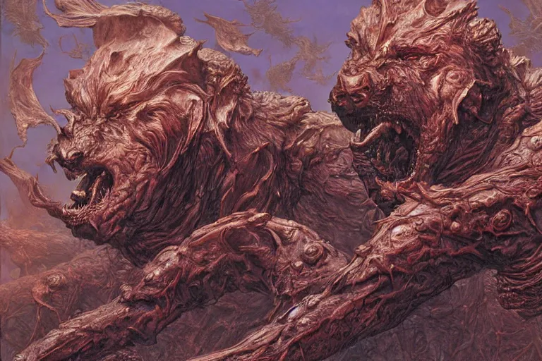 Image similar to cerberus hyperdetailed photo of a cerberus by ed binkley, wayne barlowe, ilya repin, alex horley, johfra bosschart, craig mullins, three head one body, cerberus, details