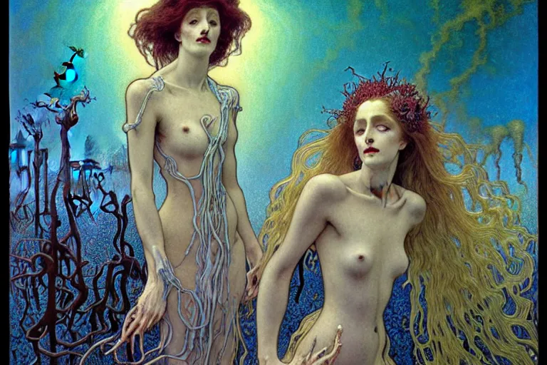 Prompt: realistic detailed portrait painting of a beautiful ghost woman with a male zombie, nightly graveyard landscape background by Jean Delville, Amano, Yves Tanguy, Alphonse Mucha, Ernst Haeckel, Edward Robert Hughes, Roger Dean, rich moody colours, blue eyes