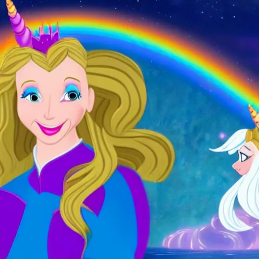 Image similar to a princess with extremely long blond hair from a cartoon riding a unicorn over a rainbow render as old Disney cartoons