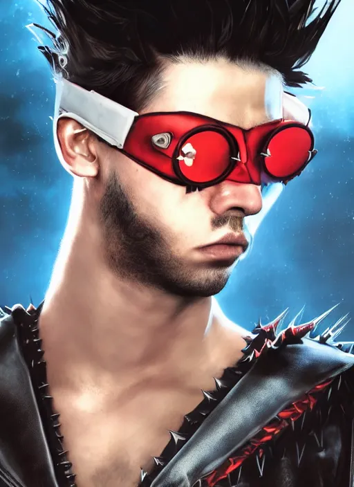 Image similar to An epic fantasy comic book style portrait painting of young man with long red spiked hair. Wearing a black waistcoat, white shirt, using googles. Rockstar. Blasting fire on his hands. Unreal 5, DAZ, hyperrealistic, octane render, cosplay, RPG portrait, dynamic lighting