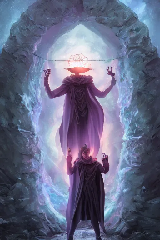 Prompt: a powerful sorcerer man standing in front of otherworldly portal, casting spells, magic, full body character concept art, honeycomb, by artgerm, tom bagshaw, gerald brom, vaporwave colors, lo - fi colors, vaporwave, lo - fi, moody vibe, goth vibe, 4 k, hd,