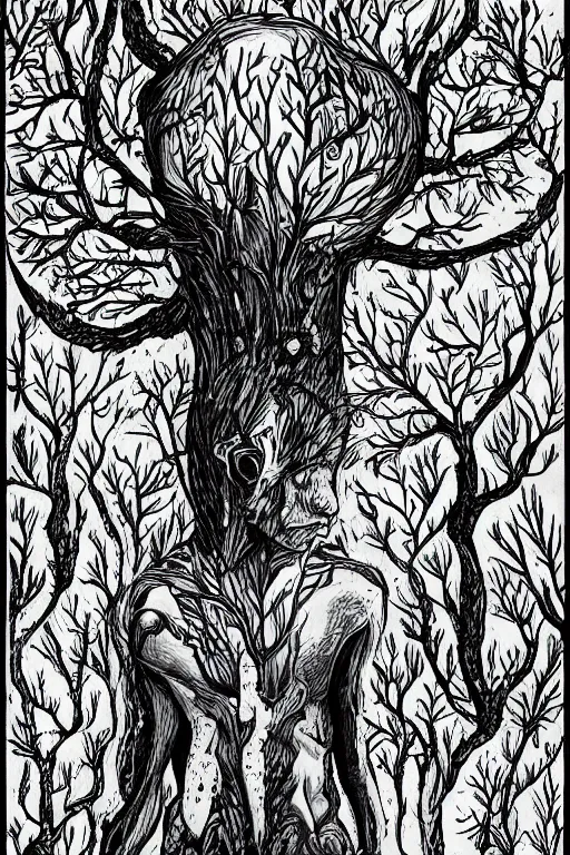 Prompt: black and white illustration, creative design, body horror, forest mushroom man