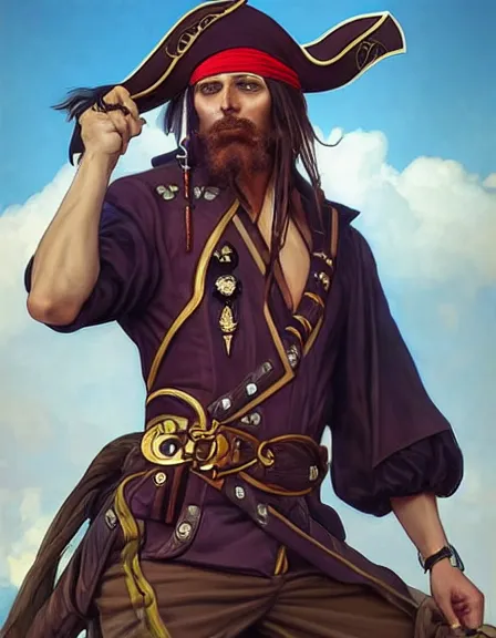 Image similar to fully clothed pirate captain personified. sun, summer, strength, knowledge, smart, portrait, symmetrical, highly detailed, digital painting, artstation, smooth, sharp focus, illustration, strength, art by artgerm and alphonse mucha and louis theophile hingre