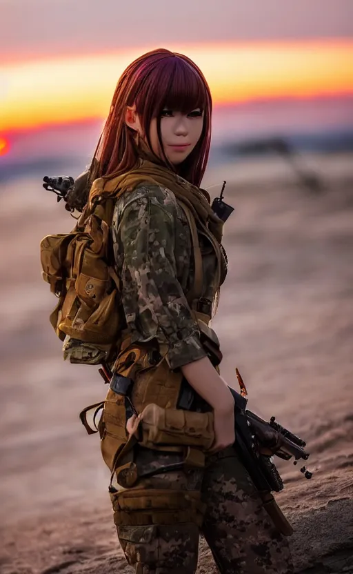 Prompt: highly detailed, high resolution, cosplay photo, stunning, real world, real sunset, in the middle of the battlefield, girls frontline style, bokeh soft, 100mm, trending on facebook, by professional photographer, realistic anatomy, realistic military carrier, soldier clothing, modern warfare, realistic rifle