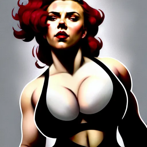 Image similar to greg manchess portrait of scarlett johansson as thick very muscular gothic weightlifter zarya from overwatch with short red hair and black lipstick, fantasy medium shot, asymmetrical, profile picture, organic painting, sunny day, matte painting, bold shapes, hard edges, street art, trending on artstation, by huang guangjian and gil elvgren and sachin teng