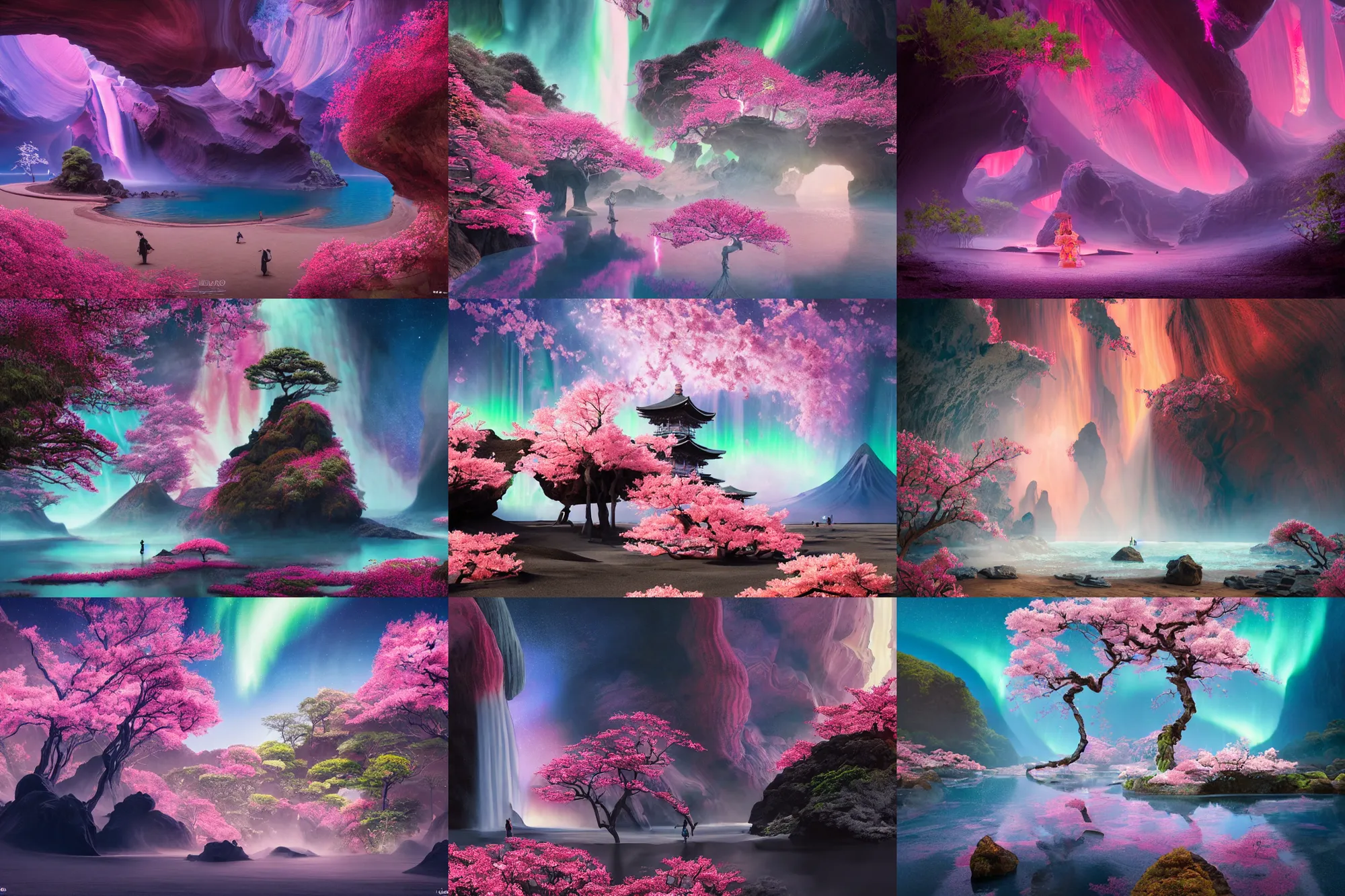 Prompt: seiganto - ji in japan theme on holokalani black beach of maui in royal blue antelope canyon during sakura season on an interstellar aurora borealis with heavy thunder and lightning, pink waterfalls, flowers, by peter mohrbacher, james jean, james gilleard, greg rutkowski, vincent di fate, rule of thirds, octane render, beautiful landscape