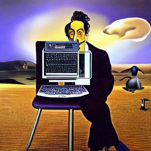 Image similar to a surreal painting of Salvador Dalí using a vintage computer in a vast surreal landscape by Salvador Dalí