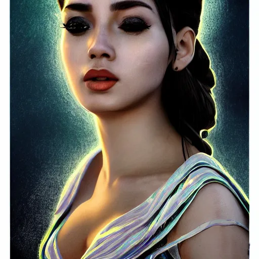 Image similar to beautiful Estefania Villegas, perfect face and boy, in detailed Colombian dress, smooth, sharp focus, illustration, realistic, cinematic, artstation, cinematic, award winning, original modern artwork, set on H. R. Giger aesthetic, rgb ethereal lighting,8k