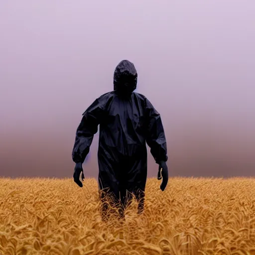 Prompt: man with hazmat suit on walking in a foggy wheat field