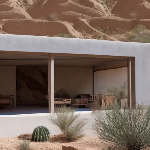 Image similar to desert house made from rammed earth and weathered steel, courtyard with cactus and palo verde trees, photorealistic, detailed, cinematic lighting