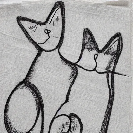 Prompt: One-line drawing on a napkin of cats and dogs living together