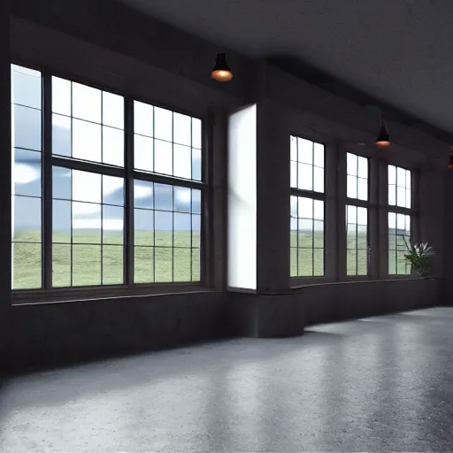 Image similar to an interior render of a cafe loft style with big panoramic windows