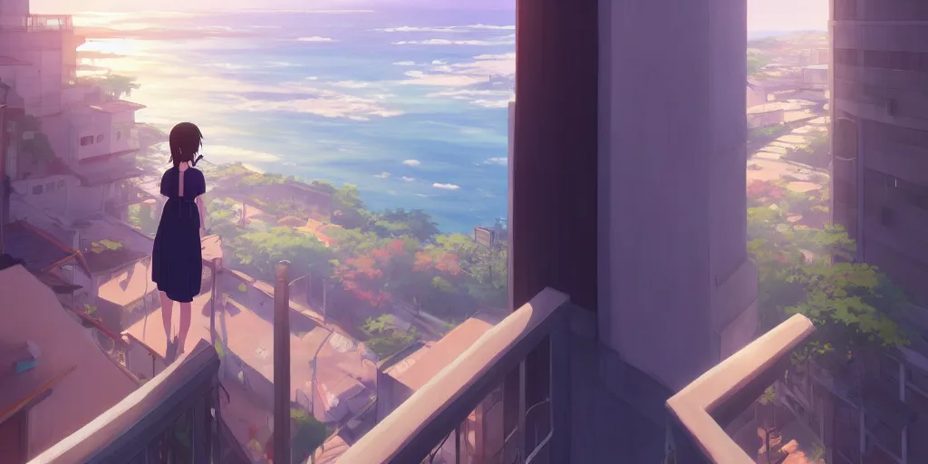 Image similar to beautiful anime painting of a woman looking out of the balcony of her apartment to the coast below, daytime, by makoto shinkai, kimi no na wa, artstation, atmospheric.