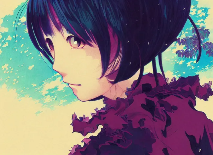 Image similar to yoh yoshinari editorial illustration colorful anime portrait of shiina ringo, murata range, manga, ilya kuvshinov, fine texture, detailed, matte colors, perfect anime face, cinematic dramatic lighting, film grain, dynamic composition, moody, vivid, volumetric, alphonse mucha, stippled lighting