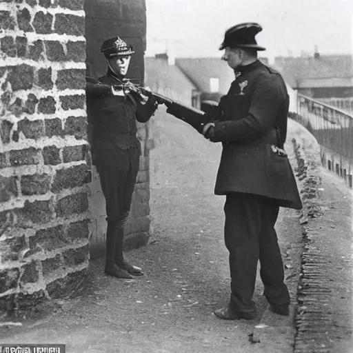 Prompt: A 1920\'s London police inspector with a stern look pointing his gun towards a frightened young man with long hair against a stone wall