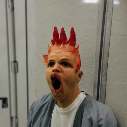 Prompt: an inmate has a chicken head instead of its own head