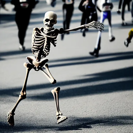 Prompt: A skeleton winning a marathon, associated press photo, award winning photograph, dynamic pose, 8k, award-winning, sharp focus