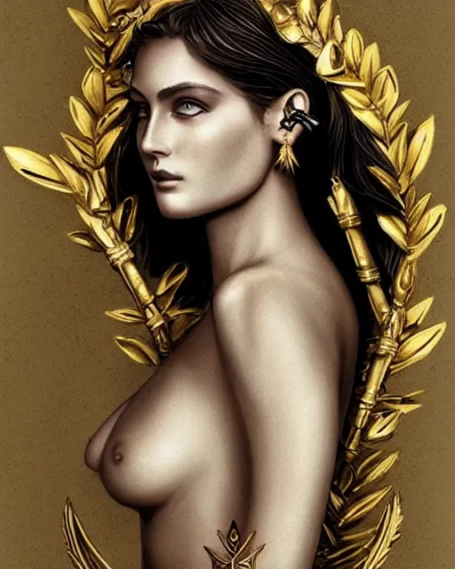 Image similar to tattoo sketch of beautiful super model aphrodite greek goddess wearing a gold laurel wreath and triangle earrings, beautiful piercing gaze with sharp pupils, beautiful blonde hair, in the style of greg rutkowski, fantasy, amazing detail, epic, elegant, smooth, sharp focus, front view