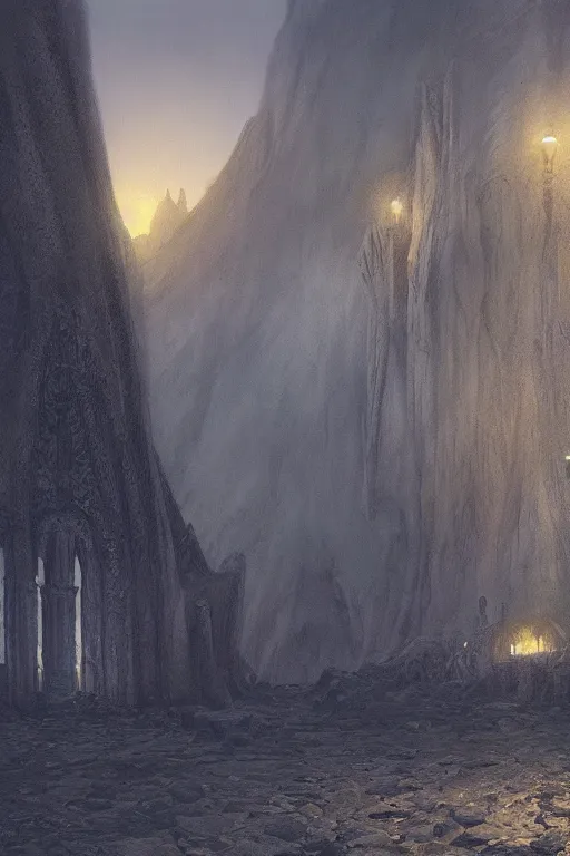 Image similar to Moria in the evening, detailed matte painting, cinematic, Alan Lee, Artstation