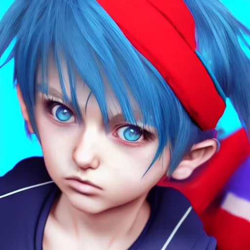 Image similar to young boy, blue hair, long hair, highly detailed 3D render, 8k, rpg concept art character, jrpg character, manga, anime, video game character