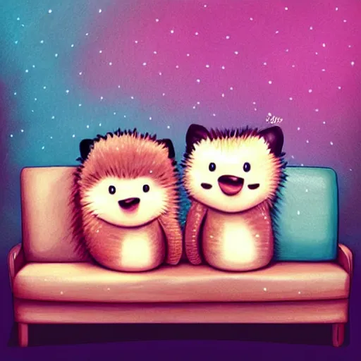 Image similar to two cute adorable hedgehogs, sitting together on a couch, romantic, shy hedgehog, blushing, waving, smiling, cute, hedgehog, by cyril rolando