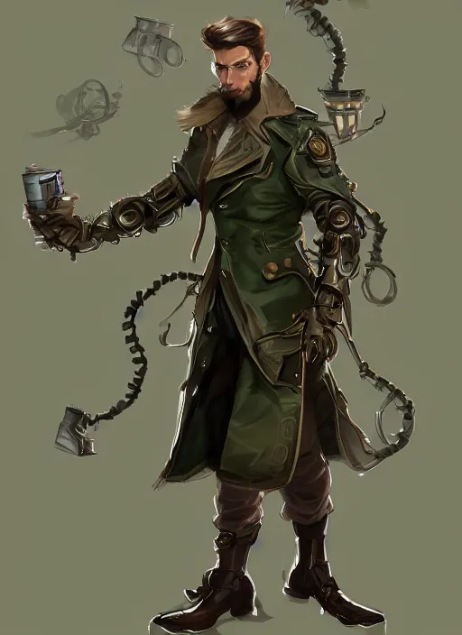 Image similar to a highly detailed illustration of thick wavy brown haired young white guy wearing brown detective trench coat and wearing dark green mask, with many long mechanical arms on his back, dramatic standing pose, intricate, elegant, highly detailed, centered, digital painting, artstation, concept art, smooth, sharp focus, league of legends concept art, WLOP