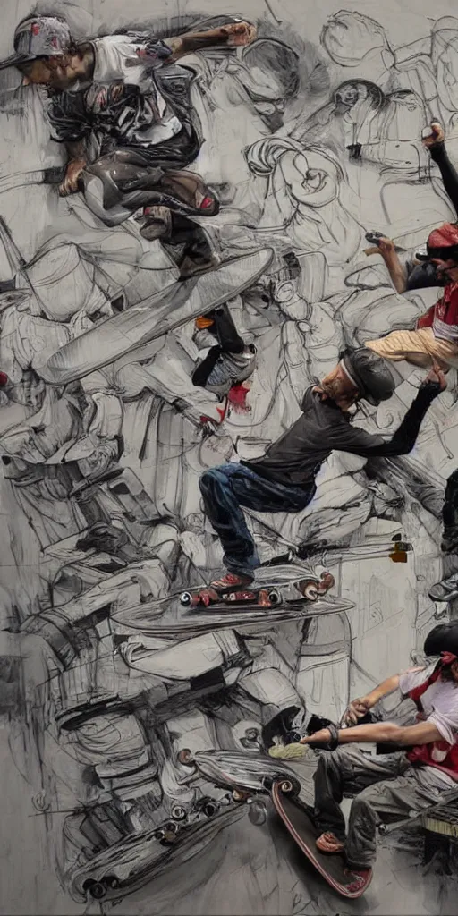 Prompt: oil painting scene skateboarders draw graffiti by kim jung gi