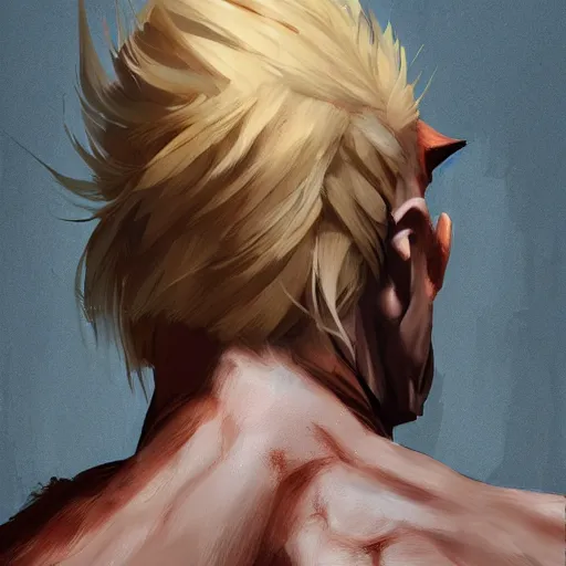 Image similar to rear side portrait of a muscular, ponytail haired blonde man with a armored left arm, wearing a brown leather coat, one side of the body scarred, looking to left, DnD, fantasy, digital art by Ruan Jia