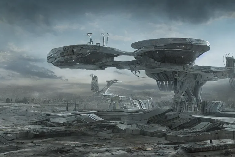 Image similar to district 9 spaceship, matte painting