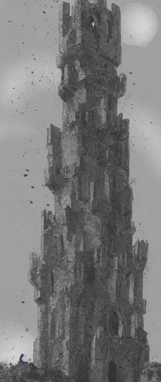 Image similar to gloomy illustration of a high medieval tower with dark stones, artstation