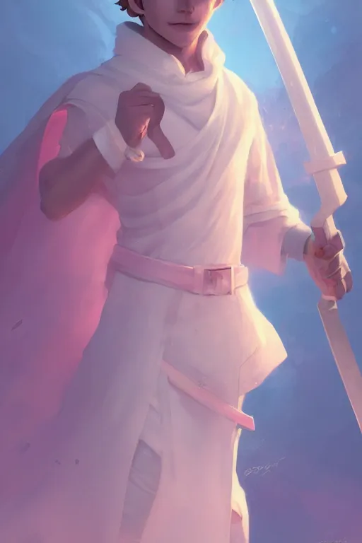 Image similar to portrait of a cute white mage boy with a staff in mage armor, soft, pink and blue, by tom bagshaw and atey ghailan and artgerm and and greg rutkowski, hyper realistic, octane render, trending on artstation