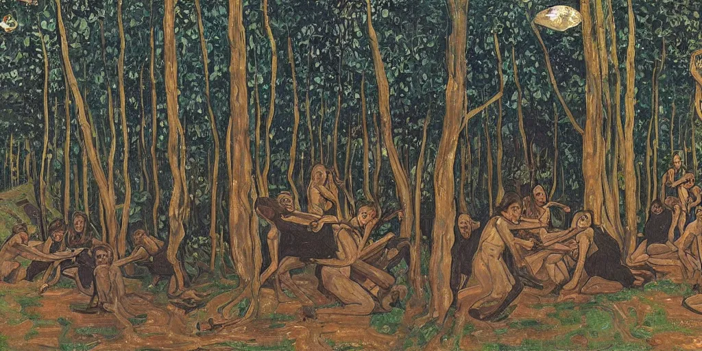 Image similar to oil painting huge spider with witches in forest by ferdinand hodler