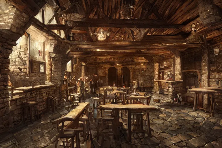 Prompt: A medieval tavern, texture, intricate, details, highly detailed, masterpiece, architecture, building, trending on artstation, focus, sharp focus, concept art, digital painting, fantasy, sunny, day, midday