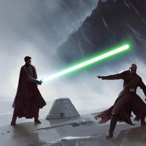 Prompt: star wars concept art by greg rutkowski, an epic lightsaber duel between two jedi and a sith, on a fortress surrounded by a stormy sea, stressful atmosphere, cinematic lighting, artstation hq