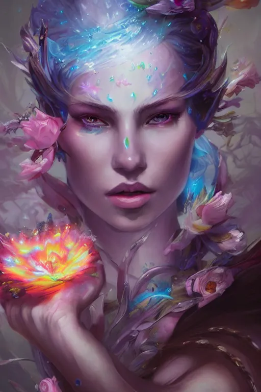 Image similar to face closeup beautiful girl wizard covered with rainbow and ice, holding flowers and casting magic spell, angel, storm and thunder clouds, fantasy, magic the gathering, hyper detailed, 3 d render, hyper realistic detailed portrait, peter mohrbacher