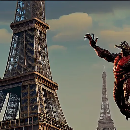 Image similar to predator vs godzilla in front of Eiffel tower, highly detailed, hyoer realistic 4k