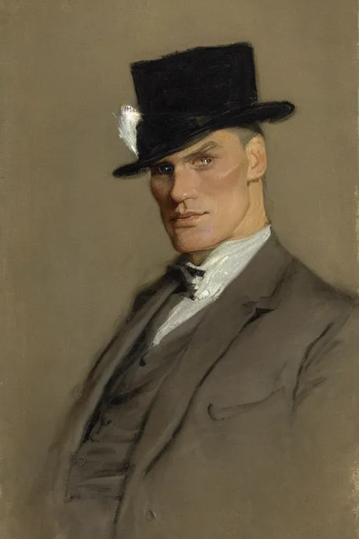 Image similar to portrait of dolph lundgren as a gentleman wearing an edwardian suit and top hat by walter sickert, john singer sargent, and william open