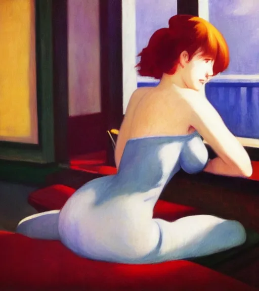 Image similar to edward hopper painting of an anime woman