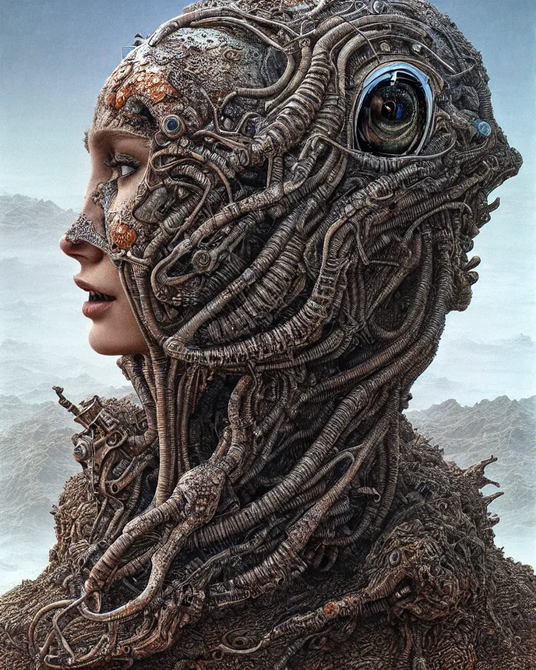 Image similar to ultra realist intricate detailed portrait of a single rugged attractive female on an alien landscape, insanity, accurate features, apocalyptic, very intricate details, 8 k resolution, dim lighting, volumetric lighting, artstyle zdzisław beksinski and keith thompson, award winning