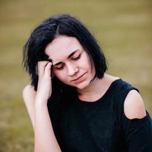 Image similar to tired young woman with shoulder - length messy black hair, slightly smiling, 1 3 5 mm nikon portrait