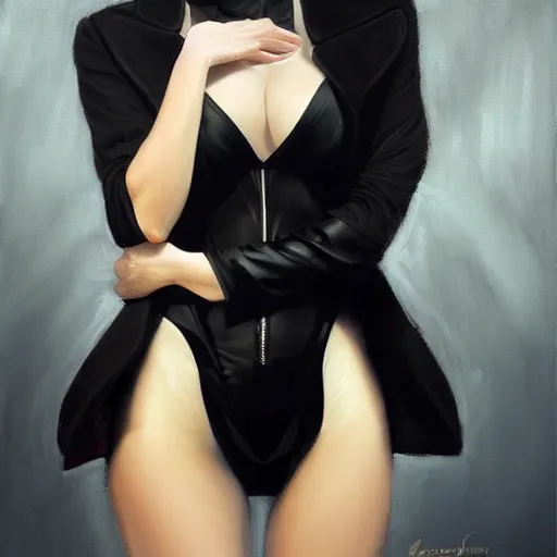 Prompt: lady in black coat and pantyhose intricate, seductive confident pose medium shot, asymmetrical, profile picture, organic painting, sunny day, matte painting, bold shapes, hard edges, street art, trending on artstation, by huang guangjian and gil elvgren and brom