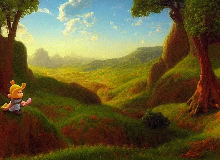 Image similar to american realist romanticism landscape painting of teletubbies in the style of hudson river school and thomas cole and albert bierstadt and robert duncanson