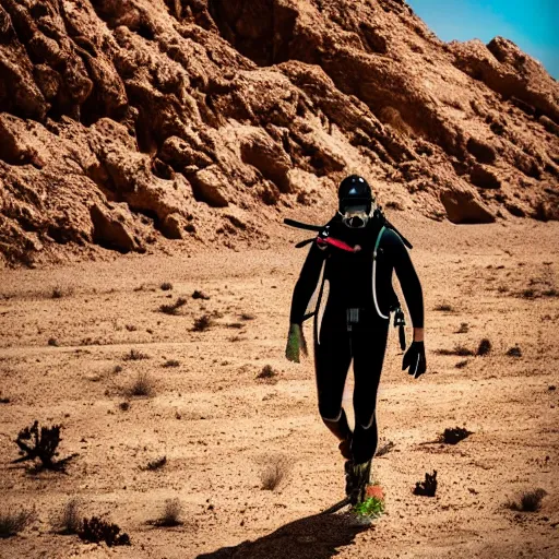 Image similar to a scuba diver walking in the desert, photography, highly detailed, high quality, 8 k, soft lighting,