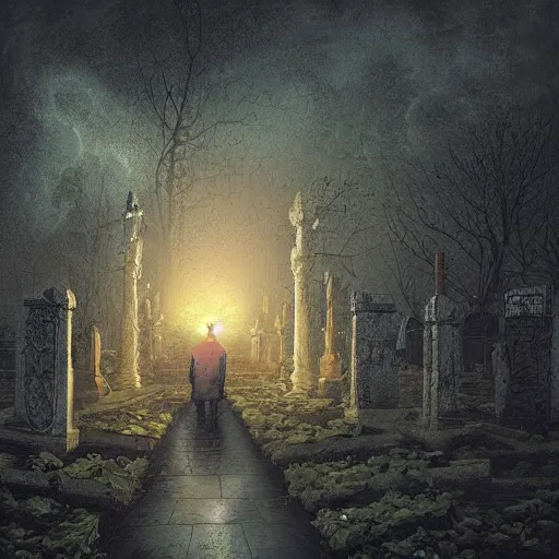 Prompt: a man floating in a cemetery at night, by Dan Seagrave and by Dan Witz, glossy digital painting, fantasycore