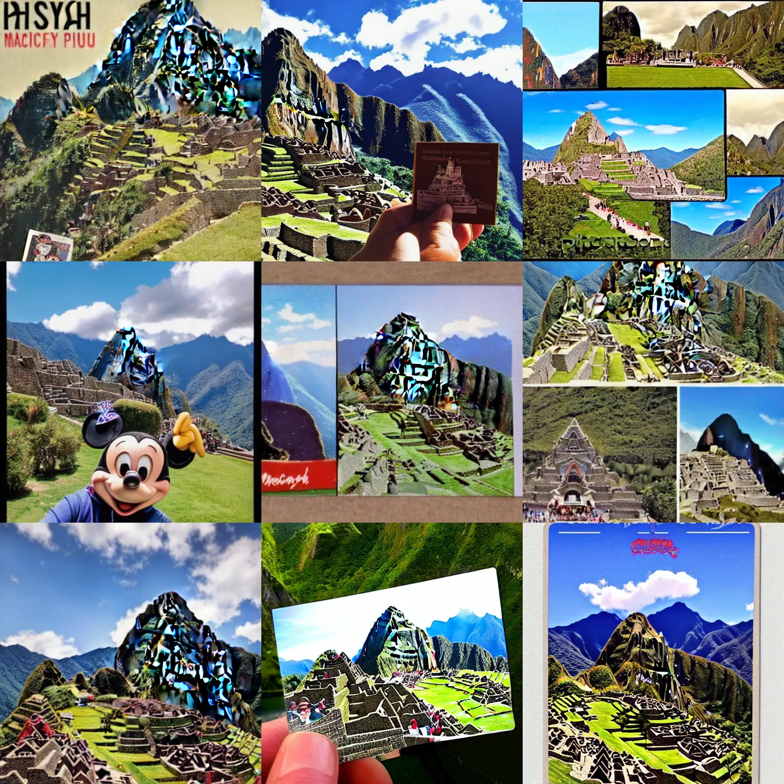 Prompt: a postcard from disneyland!!!! machu!!!!!!!! picchu!!!! disneyland with a fancy castle, mickey mouse ears, and high altitude mountain scenery with a fancy disneyland castle in the mountains, souvenir postcard slightly bent postcard from going through the mail