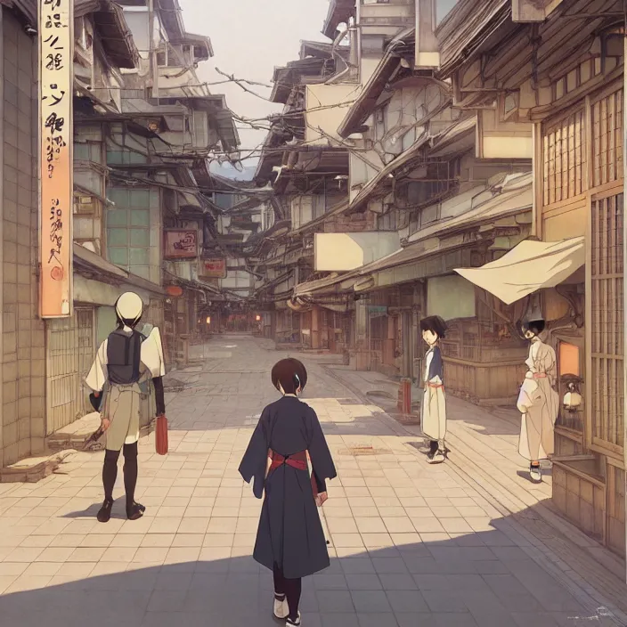 Image similar to empty japanese city, spring, in the style of studio ghibli, j. c. leyendecker, greg rutkowski, artem